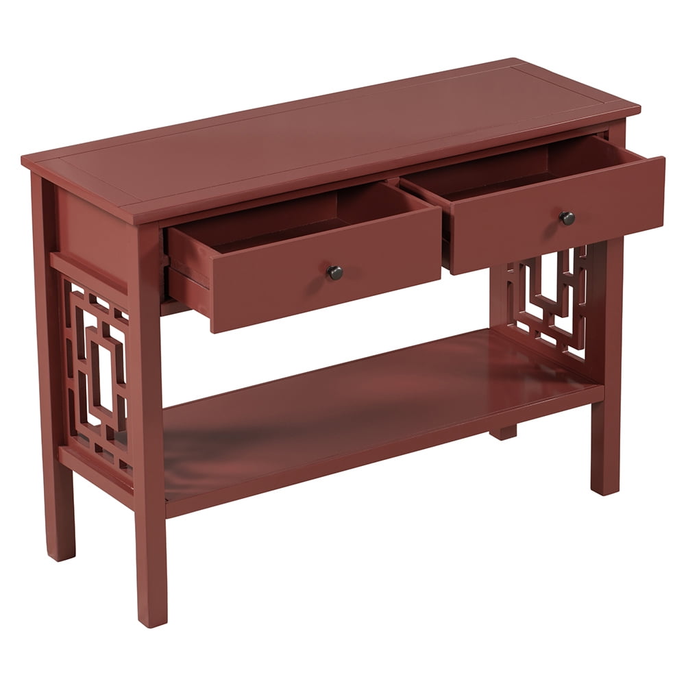 Canddidliike Wood Accent Entryway Table with 2-Drawers and Open Storage Shelves Red