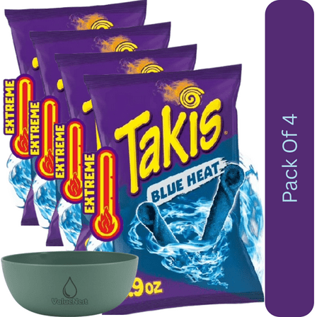 Takis Blue Heat Crunchy Rolled Tortilla Chips, Extreme Chili Pepper Taste, 9.9 oz Sharing Size Bag With Olive Green Bowl By ValueNest