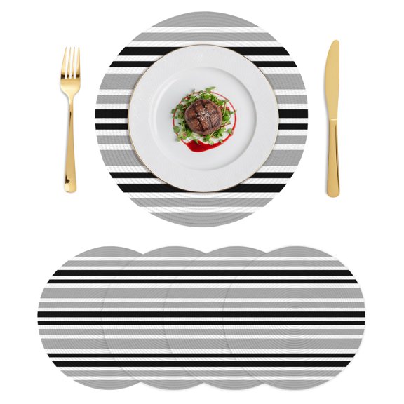 Round Placemats Black Grey 15 inch Set of 4 Table Mats for Dining Table Modern Stripes Heat Resistant Non-Slip Kitchen & Home Decorative Place Mat Set