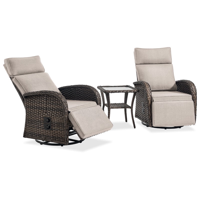 3-Piece Patio Swivel Recliner Chairs with Side Table, Outdoor Wicker Reclining Lounge Chairs with Adjustable Back and Footrest, Rattan Outdoor Furniture Set with Beige Cushions