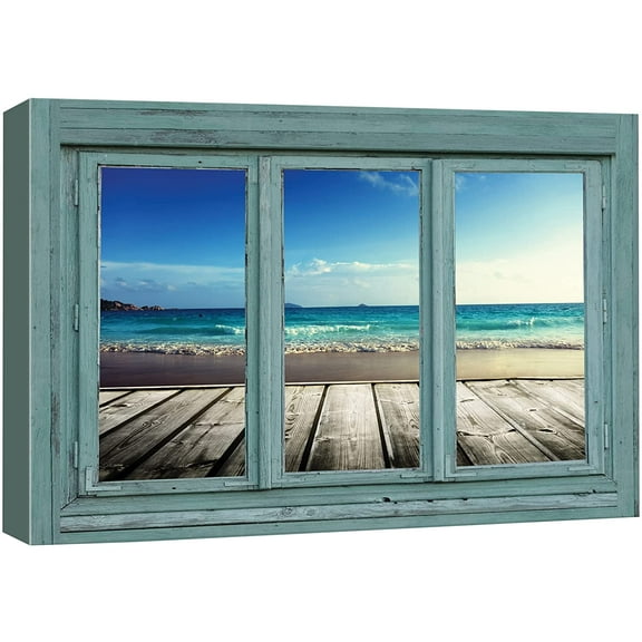 wall26 Canvas Print Wall Art Window View Boardwalk and Ocean Beach Shoreline Nature Wilderness Photography Modern Art Rustic Scenic Colorful Ultra for Living Room, Bedroom, Office - 16"x24"