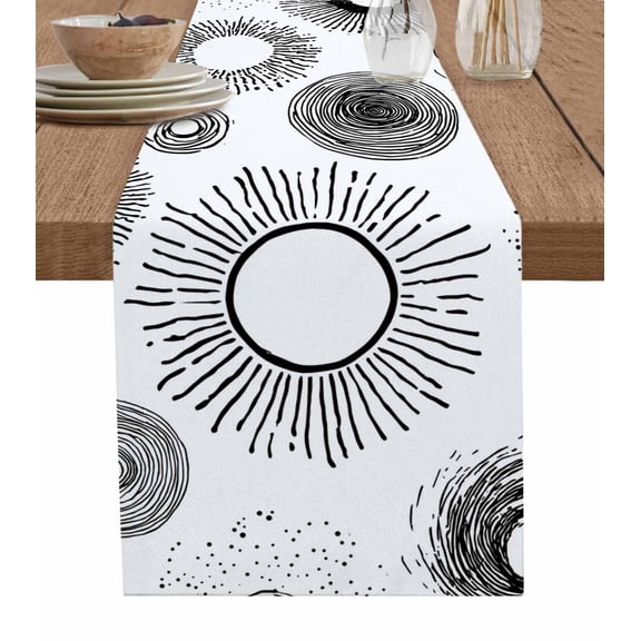 Geometric Black Table Runner 60 Inches, Abstract Grey White Boho Circle Dot Bed Runner Dresser Scarves Tabletop for Indoor Outdoor Parties/Ceremony/Banquet, 13" x 60"