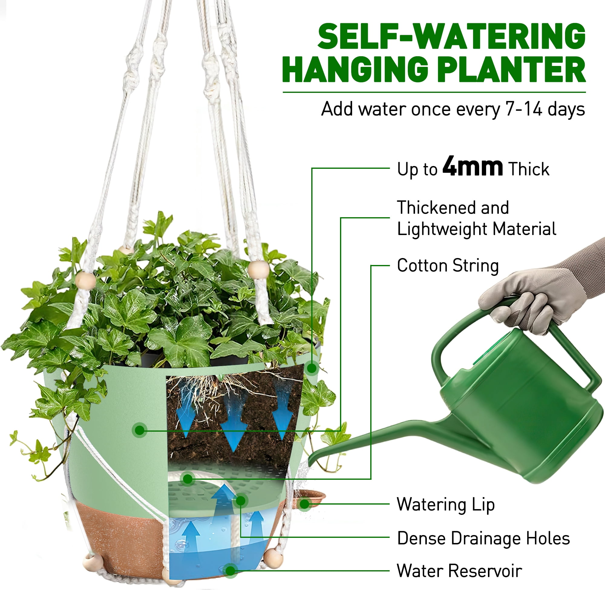 3-Pack Self Watering Hanging Plant Pots with Macrame Hangers, Plastic Planters with Drainage Holes and Saucers, Indoor Outdoor Flower Pots, Includes 3 Ceiling Hooks, 7"/6"/5.5" (Green)