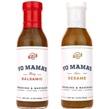 Yo Mama's Foods Gourmet Natural Dressing and Marinade Combo Pack - (1) 12 oz Bottle Bold Balsamic and (1) 12 oz Bottle Zesty Sesame - Low Sugar, Low Cal, Low Carb, Low Sodium, and