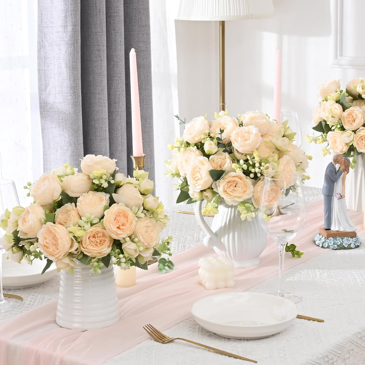 Packs Peonies Artificial Flowers, Champagne Artificial Peonies, Silk Peonies Flowers Fake Peonies Artificial Flowers Peonies Bouquet for Centerpiece Table Wedding Party Home Decor