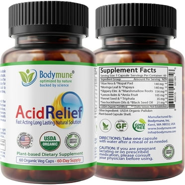 Bodymune AcidRelief | Promotes Stomach Comfort & Digestive Wellness* | Organic Herbal Blend for Gut Health* | 60 Capsules | Made in USA, USDA Organic, Vegan, Non-GMO, Gluten-Free