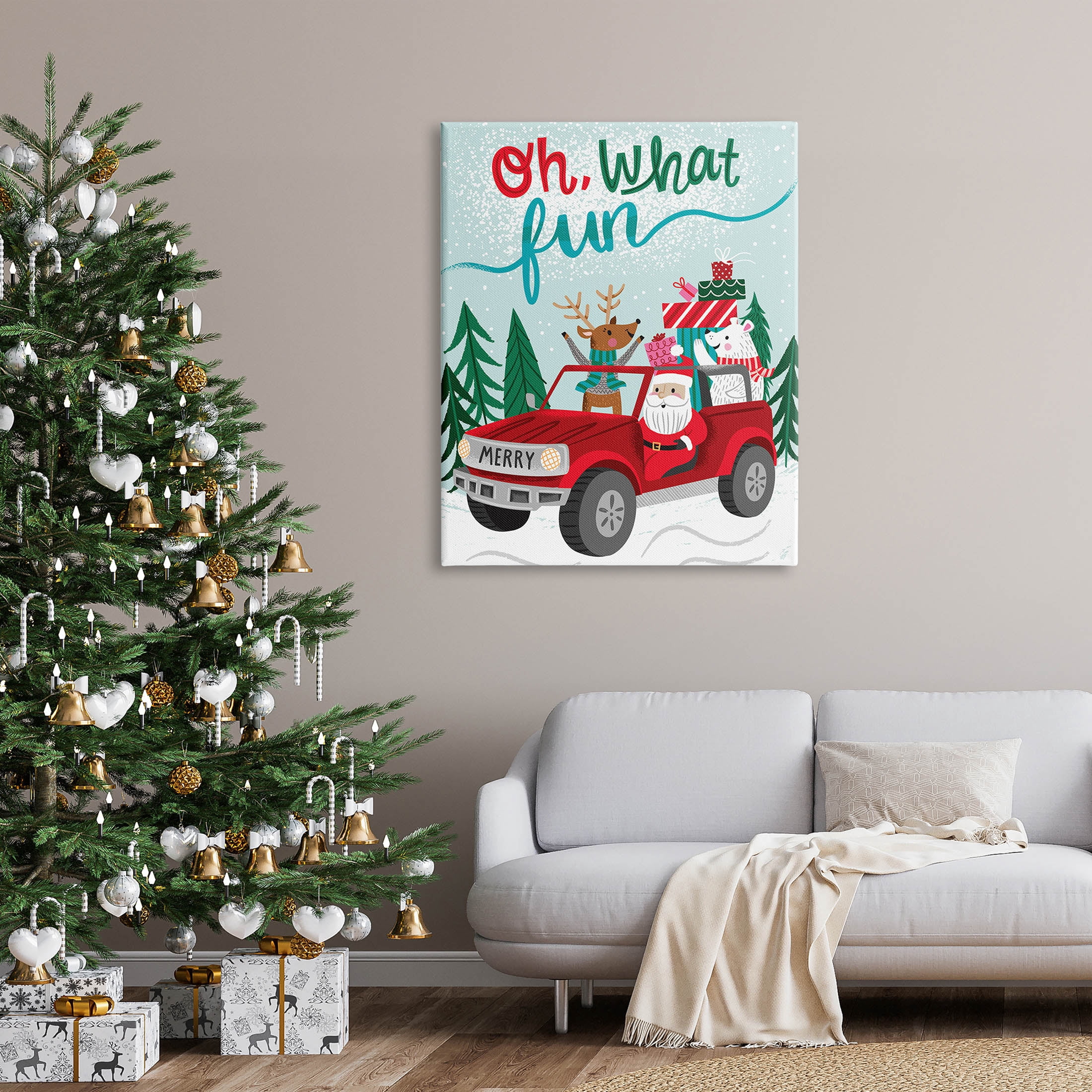 Oh What Fun Santa Driving Gifts Holiday Graphic Art Gallery Wrapped Canvas Print Wall Art