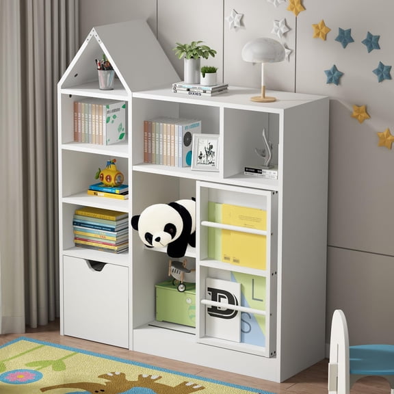 44" Bookshelf Toy Storage, Bookshelf with Removable Drawers, 8 Storage Cubby & Sliding Door, Floor Storage Chest, Kids Reading Nook for Playroom Classroom