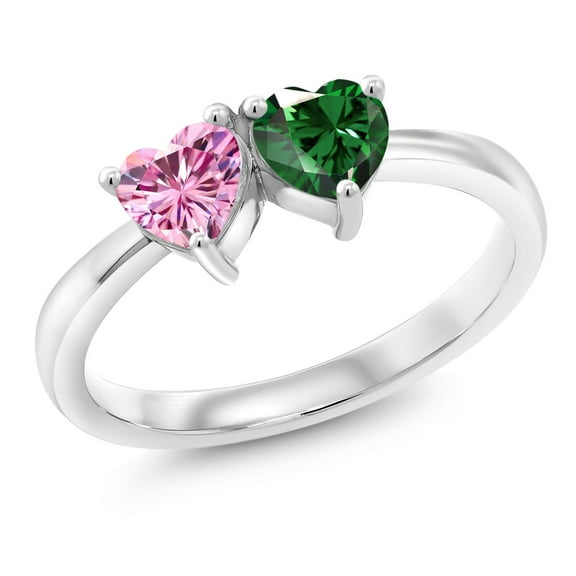 Gem Stone King 925 Sterling Silver Ring Heart Shape Pink Moissanite and Nano Emerald Green (1.00 Cttw, Size 8)