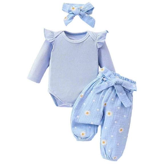 oqasdz Baby Girl Outfits Floral Prints Bow Romper and Pants 3 Piece Outfit For Toddler Casual Soft Comfortable Winter Fall Clothes/0-3 Months