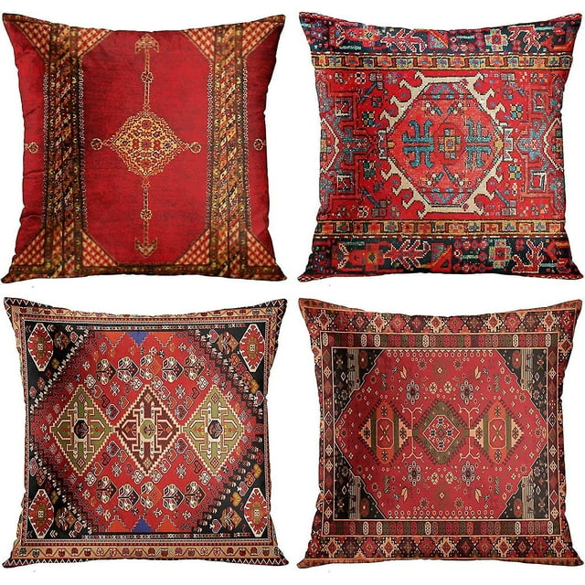 Dww-Juego de 4 piezas, alfombra persa turca con flores rojas vintage, funda de cojín de lino, funda de cojín para el hogar, funda de almohada geométrica persa Kilim, decoración del hogar, 4 piezas