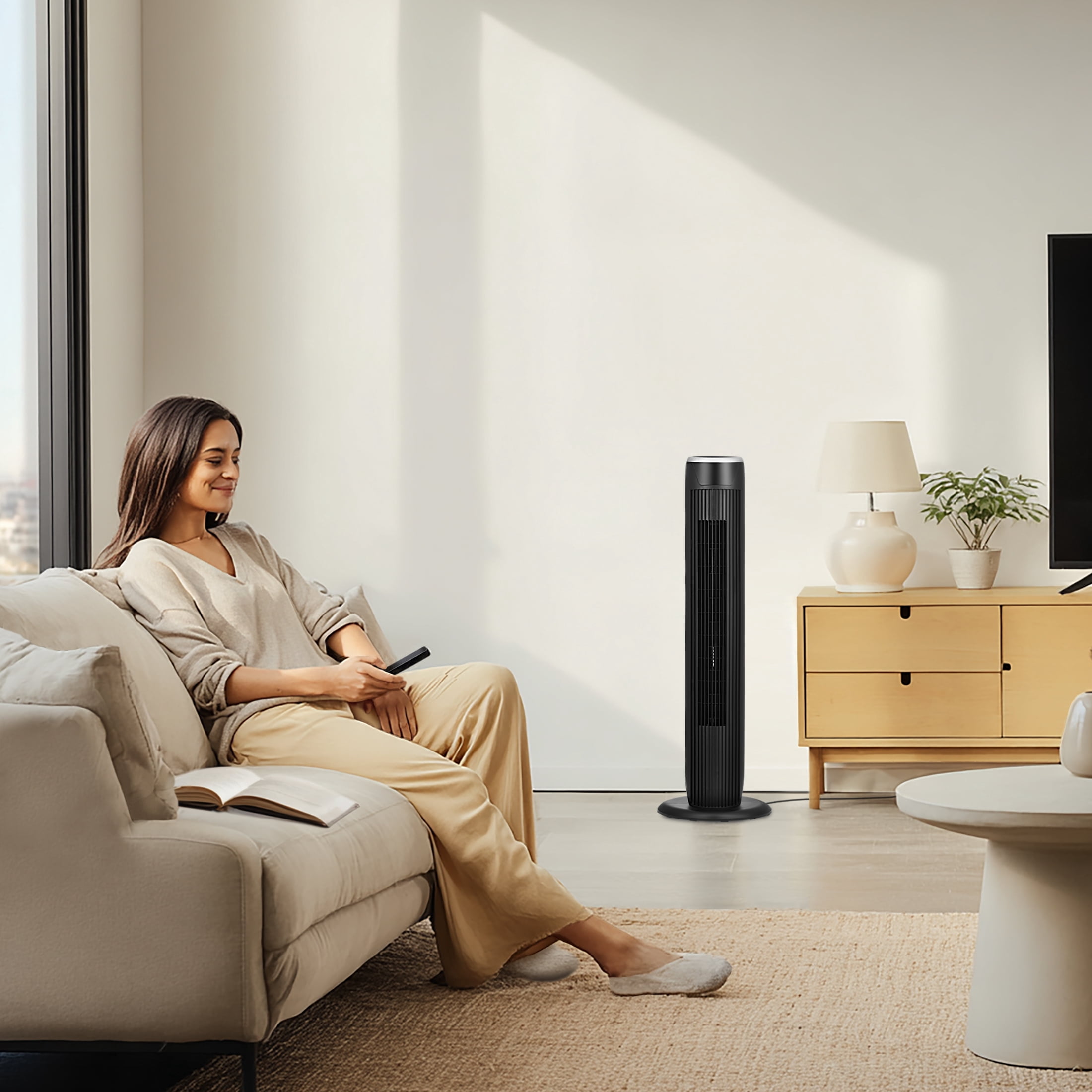 Mainstays 36-Inch Tower Fan with 3-Speed Settings and Oscillation, Remote, Black, MSWMT24JRV