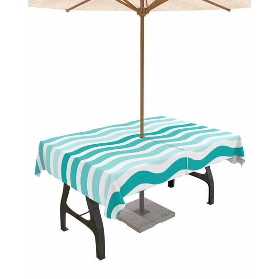 Outdoor Tablecloth with Umbrella Hole for Patio/Picnic/Party/Camping, Turquoise Striped Ombre Waterproof Table Cloth Rectangle Table Cover Washable, Geometric Modern Gradient Ocean White 54"x 80"