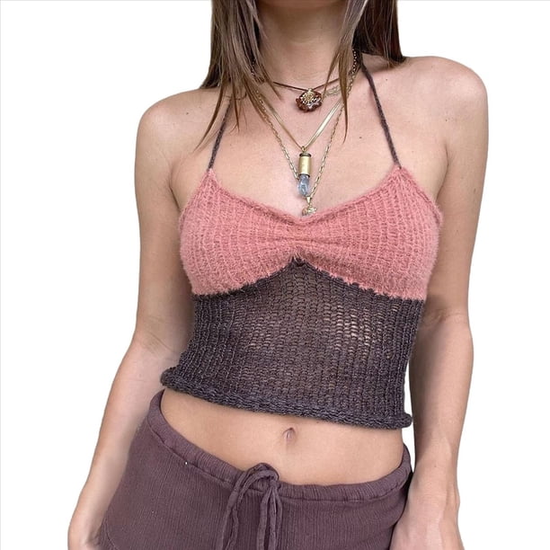 Tops de Crochet con Cuello Halter para Mujer, Camisetas Sin Mangas de Punto, Camisola Corta de Verano Y2K, Chaleco. Rosa M