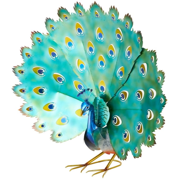DecMode 33" Peacock Garden Sculpture with Gold Legs and Teal Wings