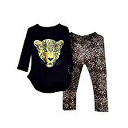 Kidlove Leopard Head Print T-shirt Skinny Leopard Print Pants Girls Clothing Set Black