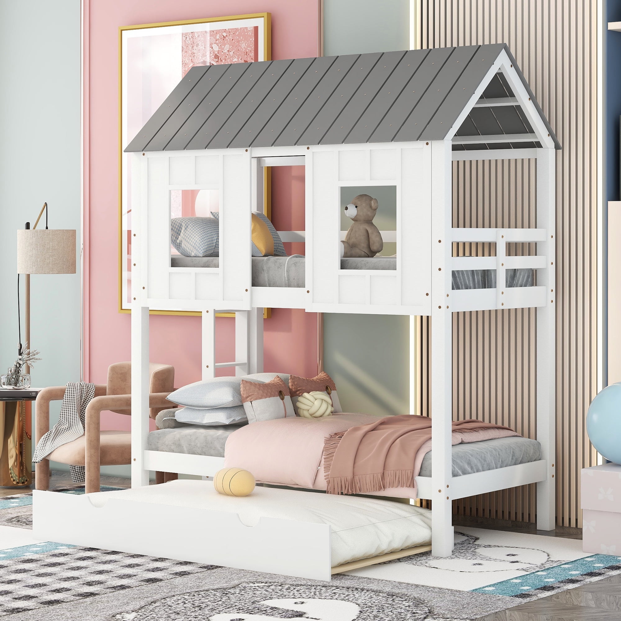 Bellemave Kids House Bunk Bed with Twin Size Trundle, Twin over Twin