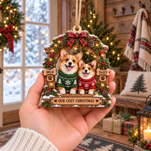 Corgi Couple Christmas Wooden Ornament for Tree Pet Lovers