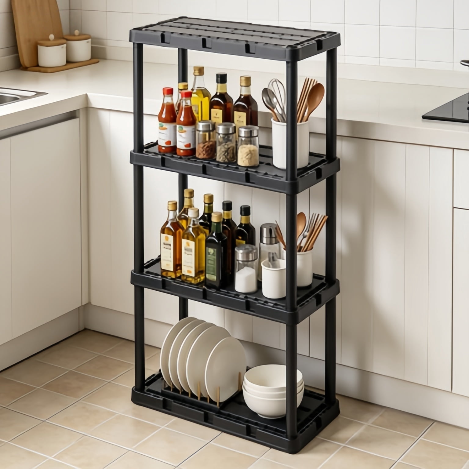 4-Pack Light Duty Storage Shelves, 4-Shelf Ventilated Shelving Rack Organizer for Home, Garage, Basement & Laundry, Black