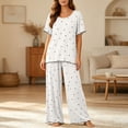 thumbnail image 4 of Fengactive Womens Star Print Lounge Set Scalloped Trim Short Sleeve Top and Wide Leg Pants Sleepwear, 4 of 6