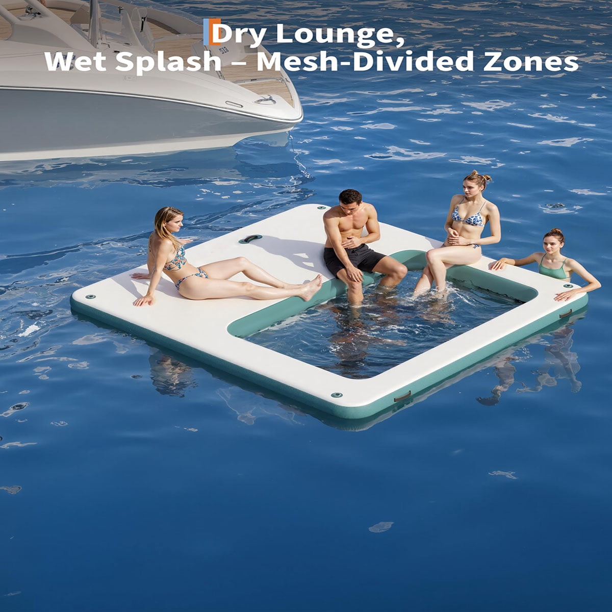 Danolapsi 10x10FT Inflatable Floating Dock,Square Floating Platform with Mesh Swim Area,Non-Slip EVA Platform and Rope Ladder,Inflatable Water Floating Island Raft for Pool,Lake,Ocean