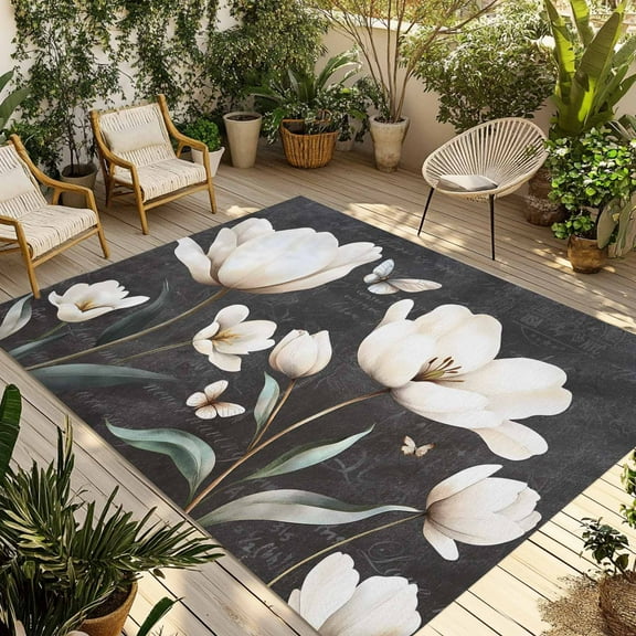 Fsddascl Farmhouse Floral Outdoor Rug for Patio/Deck/Porch, Non-Slip Large Area Rug 5 x 8 Ft, Magnolia Flowers Vintage Blackboard Indoor Outdoor Rugs Washable Area Rugs, Camping Rug Carpet