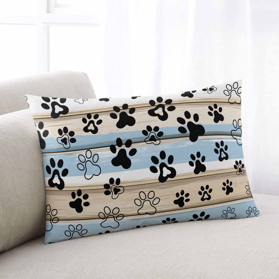Blue Dog Paw Print Throw Pillow Covers, Vintage Farmhouse Rustic Wooden Grain Soft Breathable Pillow Cases with Invisible Zipper for Sleeping, Small Pillowcases for Couch Bed Sofa Chair 16x24 Inches