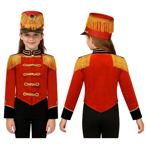 Xnihocha Kids Boys Girls 2 Piece Marching Band Drum Major Uniform Long Sleeve Tassel Jacket Coat with Hat Set B Red 4
