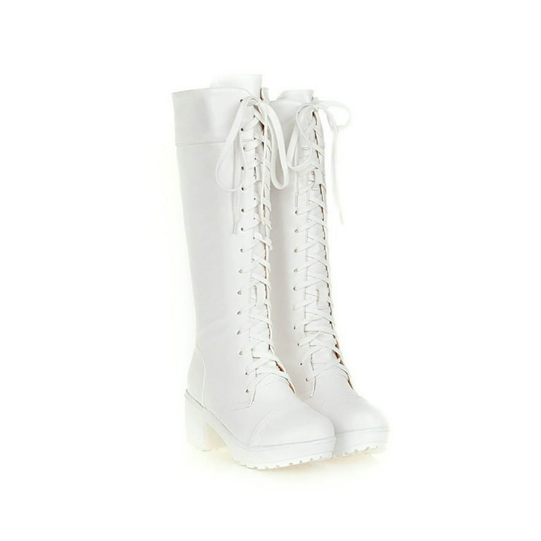 White knee high top lace up boots