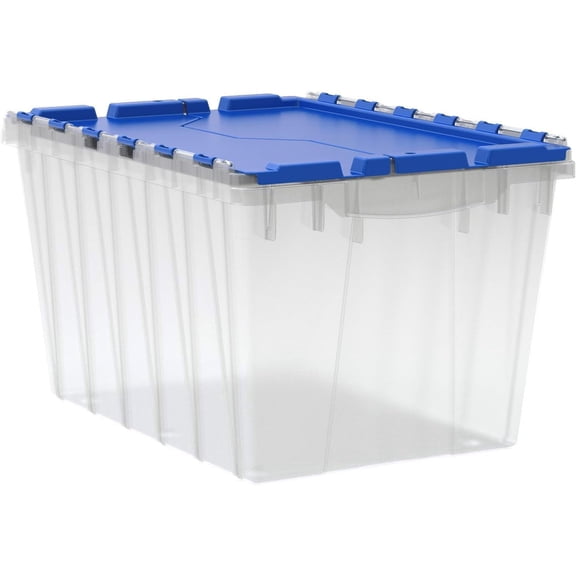 12 Gallon Plastic Storage Container with Attached Lid, Nesting Stackable Tote Box for Garage Closet Moving, Clear/Blue, 21.5x15.25x12.5 Inches
