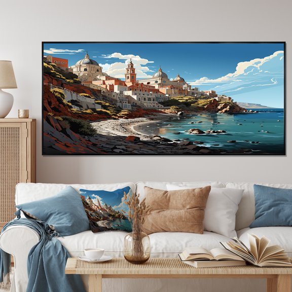 Designart "Italian Coastal Village Views II" Extra Large Landscapes Framed Wall Art - Global Blue Landscape Italy Bedroom Framed Canvas Wall Art
