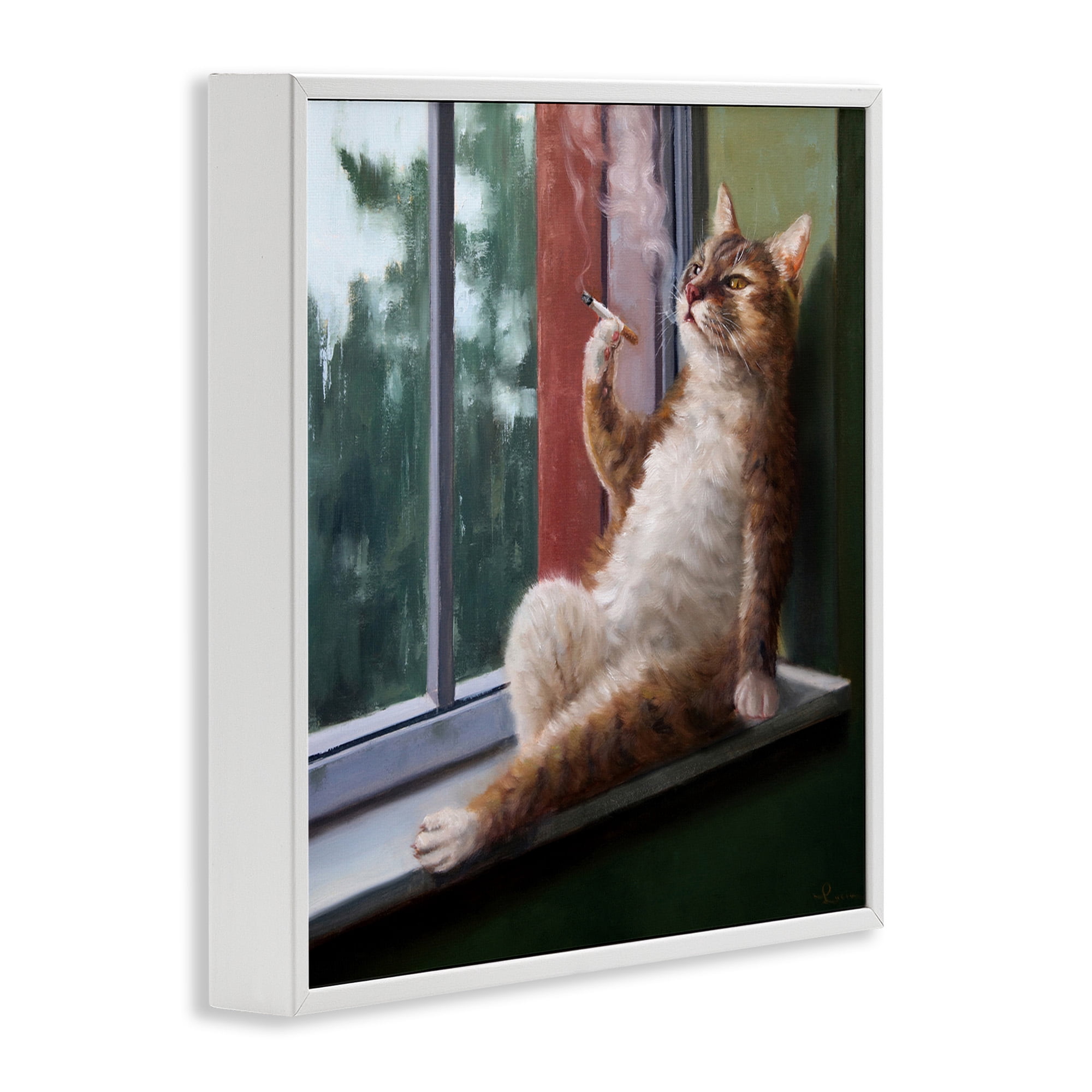 Stupell Industries Cat Smoking Lounging in Window Animals & Insects Painting White Framed Art Print Wall Art, 12 x 12
