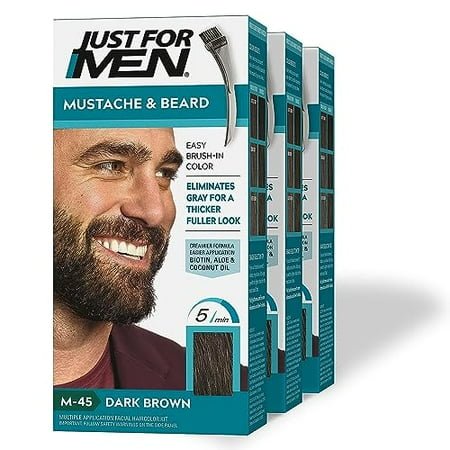 JustForMenMustache&Beard,BeardDyeforMenwithBrushIncludedforEasyApplication,WithBiotinAloeandCoconutOilforHealthyFacialHair-DarkBrown,M-45,Packof3