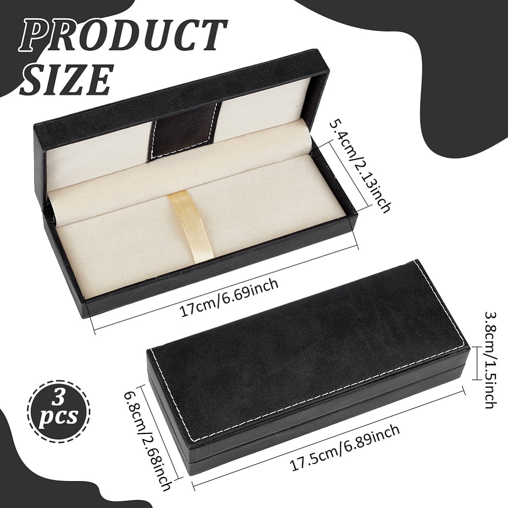 3Pcs PU Leather Long Pen Gift Box 2.67x6.9x1.5 Inch Black Pen Storage Boxes Pencil Boxes Empty Case with Cushion
