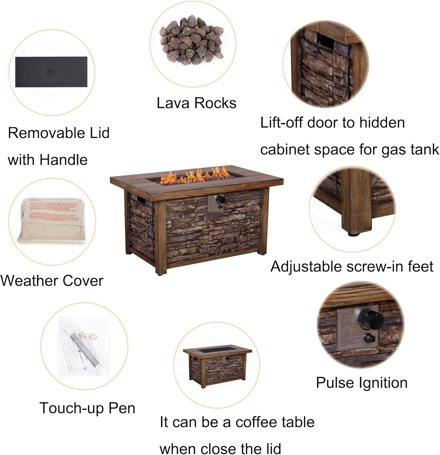 Afterglow Outdoor Retangular TerraFab Propane Fire Pit Table for Outside Patio Backyard Garden with Weather Cover and Lava Rocks, 50000 BTU, 43.5”Lx27.36”Wx23.8”H, Brown, CSA Certificated