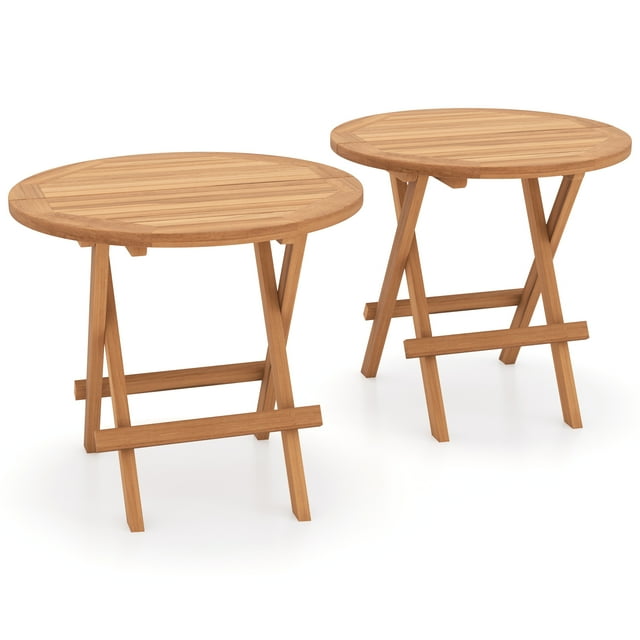 Costway 2 PCS Patio Folding Side Table Indonesia Teak Wood Round Slatted Tabletop Portable Camping