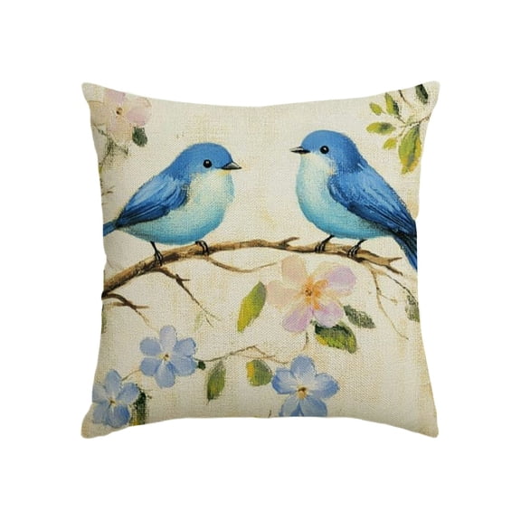 Spring Flowers Bird Pillow Covers, Floral Outdoor Throw Pillow Case Decoration, Linen Cushion Covers for Couch Sofa Bedroom Living Room Home Decor