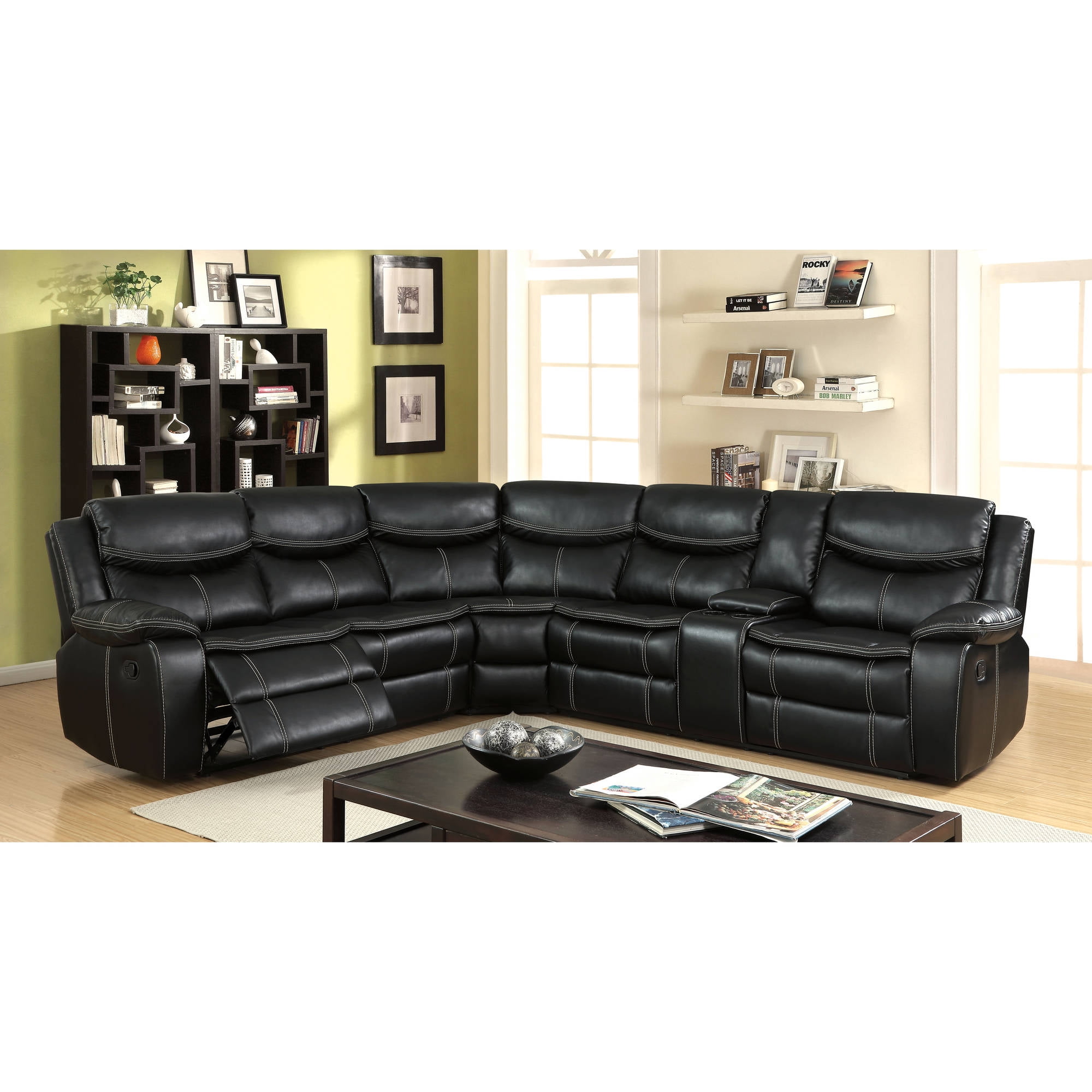 Furniture of America Transitional Faux Leather Moncton Sectional, Black