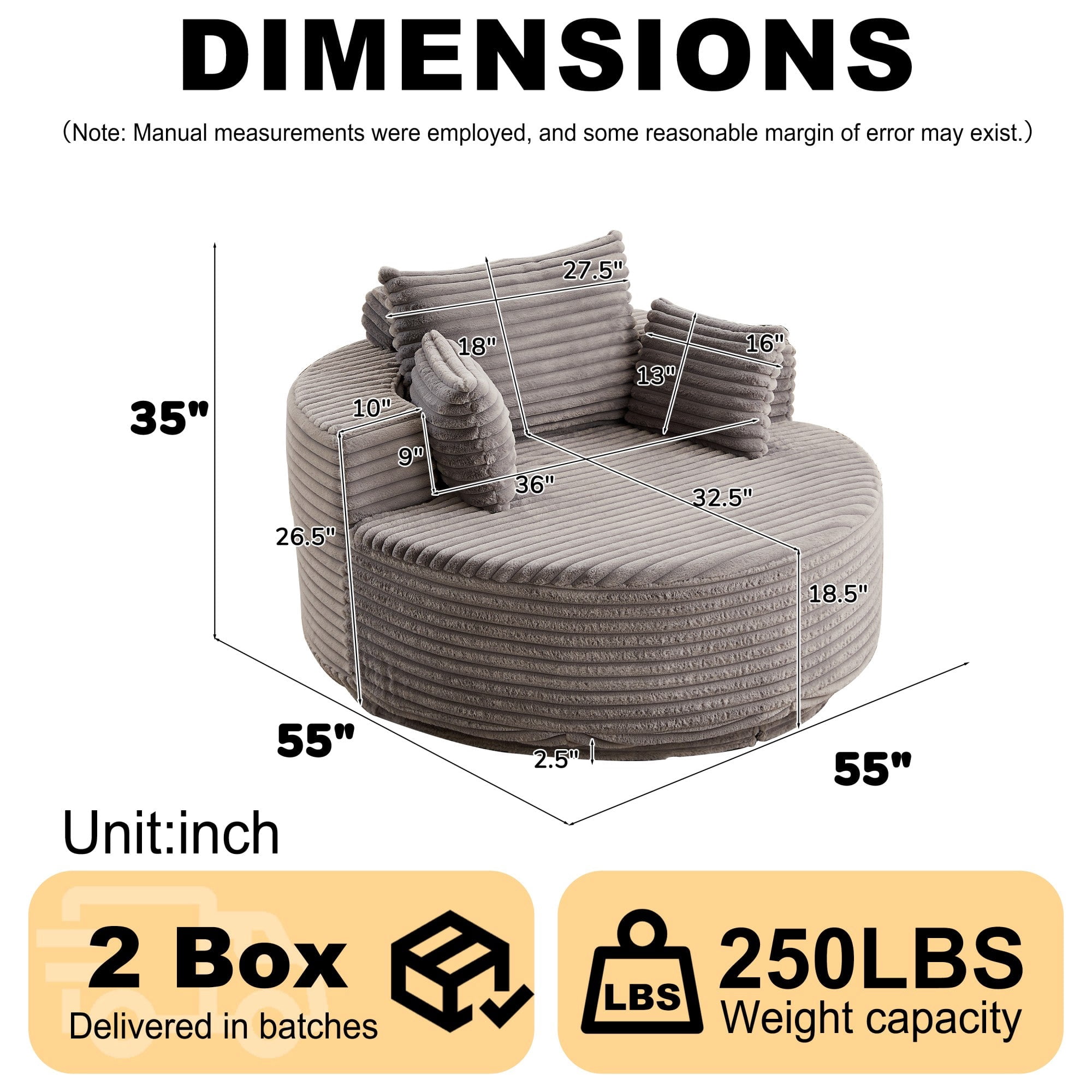 Sailvan 55" Corduroy Fabric Swivel Chair, Modern Round Sleeper Sofa with 360 Degree Rotation, Fluffy Foam Lounge Chair for Living Room Grey