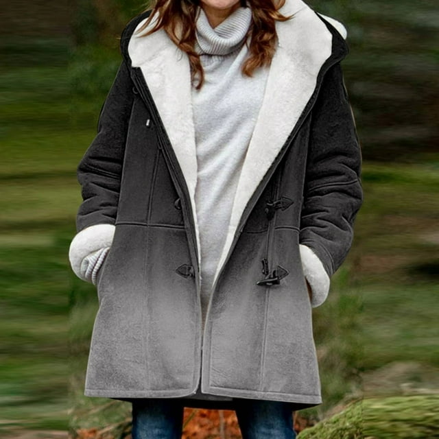 Womens Casual Loose Fuzzy Fleece Gradient Solid Plus Size Buttons Jacket Hooded Coat