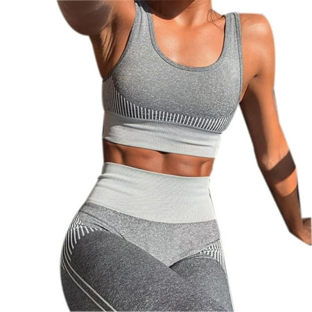 

Women Seamless Yoga Workout Set Striped Sport Crop Top Leggings Knit Tracksuit