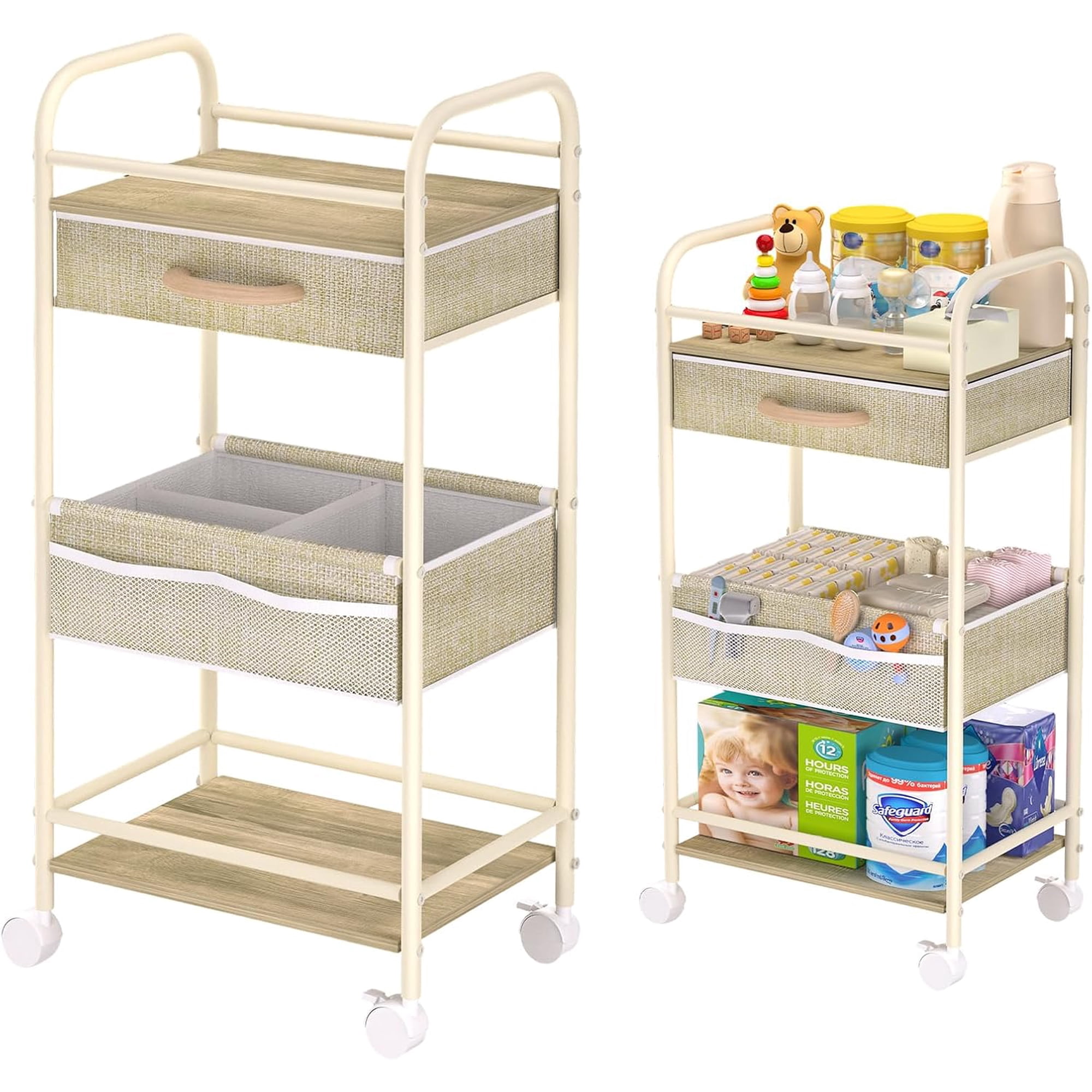 Metal Nursery 3 Tier Rolling Cart with Dividers and Drawers, Mobile Utility Cart with Wheels Diaper Caddies Organizer for Changing Table,light khaki