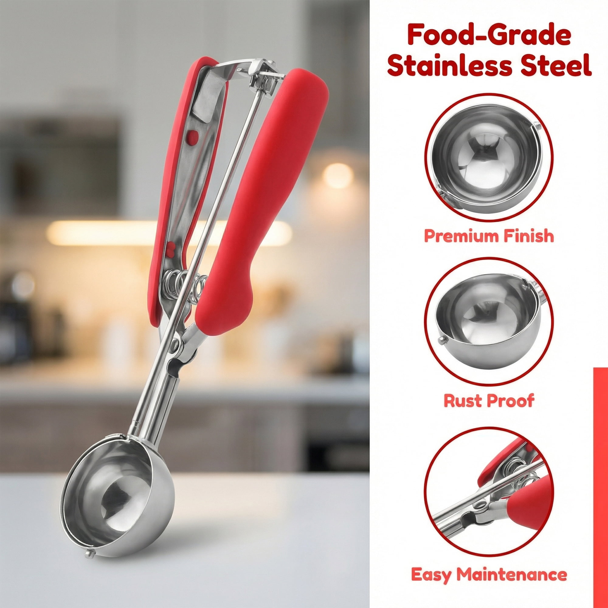 Unique Bargains Stainless Steel Ice Cream Scoop with Reinforced Handle Red 8.3in