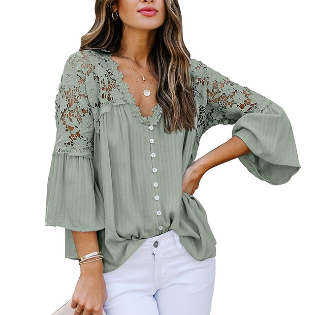 Sonducket Camisa de mujer con cuello en V Camisa de encaje Blusa en V Color sólido Botón de manga larga Top Prendas para la parte del cuerpo Verde M