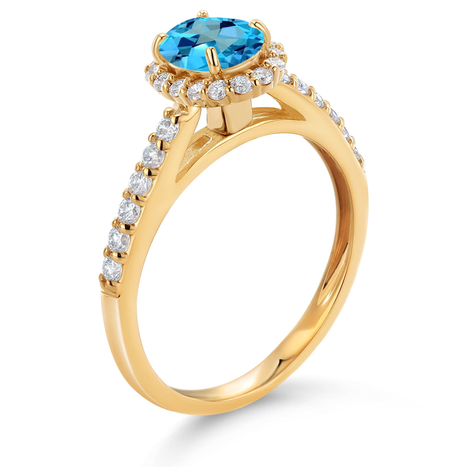 Gem Stone King 10K Yellow Gold American Blue Mystic Topaz and White Lab Grown Diamond Halo Engagement Ring for Women (1.31 Cttw, Gemstone, Oval 7X5MM)