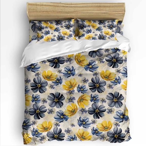 Idyllic Flowers Full Size Comforter Set, Blue Floral Yellow Flower Vintage Linen Soft Bedding for All Seasons, 4 Pcs Bed Set with 1Comforter (86"x86") ,1 Sheet(80"x116"), 2 Pillowcases (19"x29")