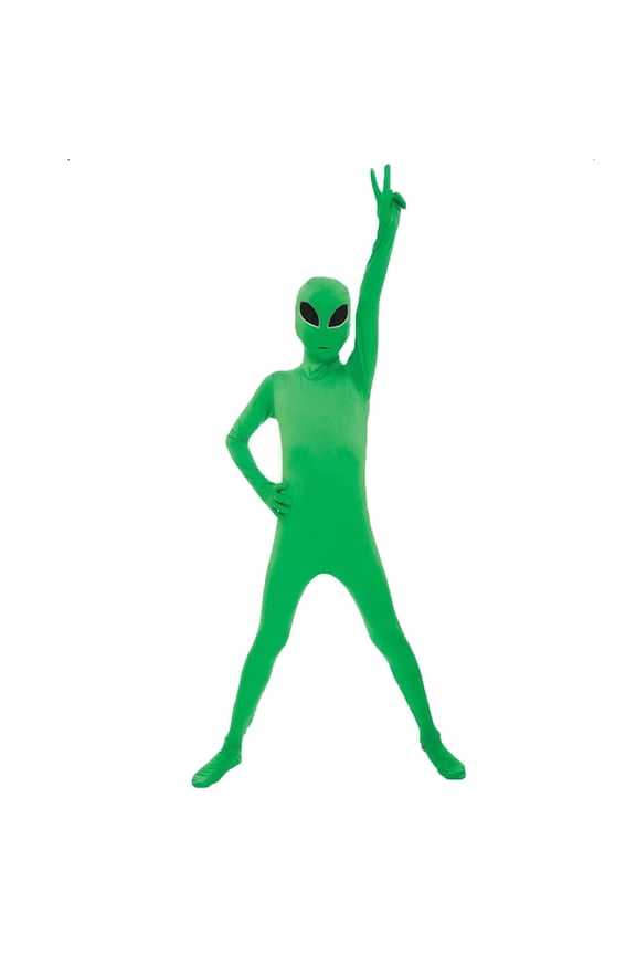2 Piece Alien Costume for Kids Full Body Jumpsuit with Mask Set Stretch Breathable Fabric Zentai Suit Halloween Performance Outfit Set