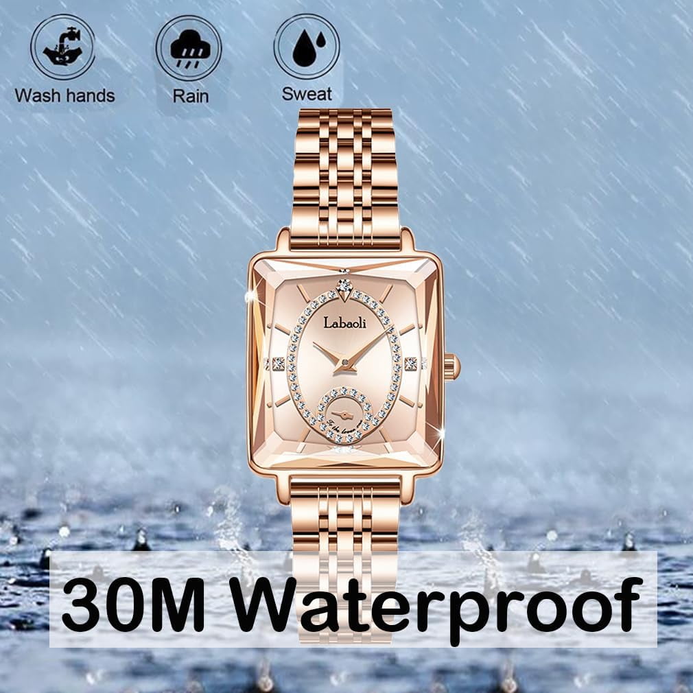Watches for Women Rose Gold Square Stainless Luxury Fashion Diamond Analog Quartz Waterproof Dress Casual Small Simple Ladies Female Wife Gifts Gold Wrist Watch