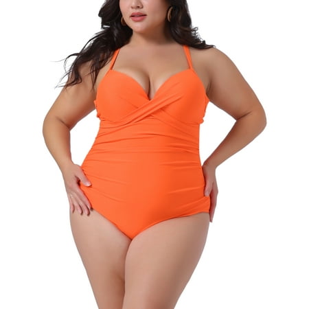 Agnes Orinda Women s Plus Size Bathing Suit One Piece Ruched Padded Slimming Bikini Swimsuit 3X Orange