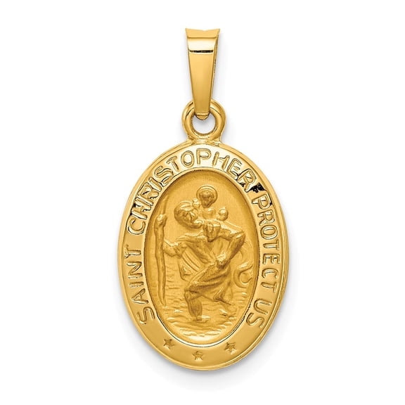 Real 14kt Yellow Gold Polished and Satin St. Christopher Medal Hollow Pendant; for Adults and Teens; for Women and Men